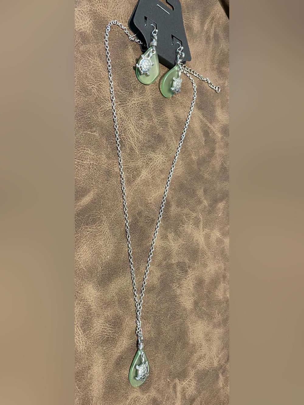 Sea Glass Teardrop Necklace with Turtle Accent - Matching Earrings